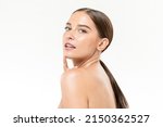 Small photo of Beauty shot of charming Caucasian female with long dark hair and bare shoulders on white isolated background