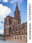 Strasbourg Cathedral also known as Strasbourg Minster, is a Gothic Roman Catholic cathedral in Strasbourg, Alsace, France. View from the south