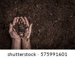 Man (farmer's) hands on soil background captured from above (top view, flat lay). Agriculture, gardening or ecology concept layout with free text (copy) space.