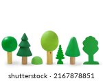 Row with wooden trees isolated on white background.
Children's wooden toys for creativity and skills development. Environmental protection concept. Montessori education.