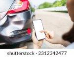 Small photo of Asian woman got a car accident or car crash and using smartphone to call for road side emergency service. Woman texting on smartphone to call insurance assistant service.