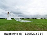 Small photo of Beautiful bride disentangle veil over the ground