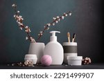 Bath and Skin Care Accessories on dark background. Natural organic and eco friendly bodycare concept, bath products.