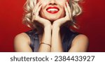 Small photo of Material girl and femme fatale concept. Marilyn Monroe, Madonna style. Close up portrait of rich young woman smiling wearing expensive luxurious golden ring, bracelet. Perfect shiny smile. Studio shot