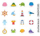 Set Of Cartoon Flat Sea Icons....