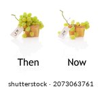 Small photo of Downsized bunches of grapes for sales comparison. Inflation, skimpflation or shrinkflation concept of less for the same price, text can be removed