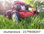 Small photo of Idle lawnmower letting grass grow, concept of preservation and creating habitat for pollinators such as insects and bees, shallow focus on grass blades near wheel