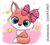 Cute Cartoon Fox With Bow On A...