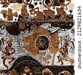 Beautiful, seamless, tribal. ethnic pattern with dancing African women and men with iconic musical instruments.