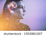 Small photo of Double multiply exposure abstract portrait of a dreamer cute young woman face with galaxy universe space inside head. Spirit cosmos astronomy life zen concept Elements of this image furnished by NASA