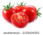 Ripe cherry tomatoes isolated on white background. Macro shot. Popular worldwide product as ingredient in many Mediterranean dishes.