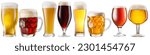Small photo of Collection of different types of beer, isolated on white background, has a clipping path. Eight draft beers in different beer glasses.