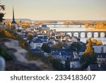 Scenic view of the Loire river with Cessart bridge in Saumur, Maine-et-Loire department, Western France