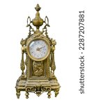 Small photo of Old kitschy bronze clock isolated on White
