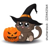 halloween cat in a hat sitting... | Shutterstock .eps vector #225442564