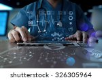 Medicine doctor hand working with modern computer interface as medical network concept