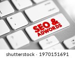 Seo and Adwords text button on keyboard, business concept background