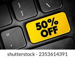 50% Off text button on keyboard, concept background