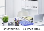 Small photo of Workspace presentation mockup, Desktop computer and office supp