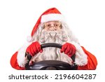 Santa Claus holding a steering wheel, isolated on a white background.