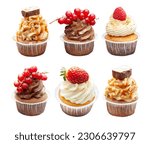 Small photo of Set of chocolate, vanilla and salted caramel cupcakes with fresh berries and peanuts isolated on white background, png