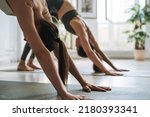 Small photo of Young fit women practice yoga doing asana in bright yoga studio. Yoga ticher doing sun salutation with student in yoga class