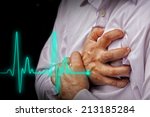 Men in white shirt having chest pain - heart attack - heartbeat line