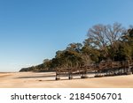 Old pier, now deck, on the sands of Kiyu beach, with the trees on the ravines of the coast, in San Jose, Uruguay
