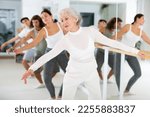 Small photo of Gracile old-aged woman engaging in ballet at ballet barre in training hall during workout session