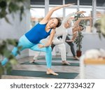 Small photo of Sedulous women doing side angle pose of yoga on black mat in light gym room with pot plants