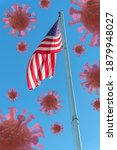 Small photo of American flag waving in the sky surrounded by coronavirus cells as symbol for the continued unending epidemic in the USA