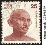 Small photo of INDIA - CIRCA 1976: Mohandas Karamchand Gandhi was the pre-eminent political and spiritual leader of India during the Indian independence movement, circa 1976.