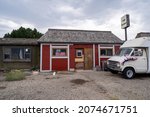 Small photo of Jeffrey City, Wyoming - August 5, 2021: The abandoned former restaurant and lounge in the ghost town and former Uranium boomtown