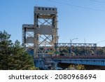 The famous Houghton aerial lift bridge - also known as the Portage Canal Lift Bridge, connects the cities of Hancock and Houghton Michigan