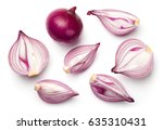 Red sliced onions isolated on white background. Top view