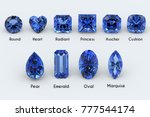 Ten the most popular diamond cut styles with names. Deep blue sapphire gems on white background. Close-up top view. 3D rendering illustration