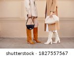 Autumn fashion two women in trendy clothes coat, high boots, bags . Street style outfit