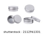 Set of silver tin metal boxes, cases. on white background