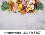 Small photo of Ketogenic low carbs diet concept. Ingredients for healthy foods selection set up on white concrete background.