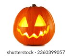 Funny Jack O Lantern halloween pumpkin with candle light inside isolated on white background