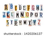 Alphabet set created with broken pieces of vintage car license plates on white background