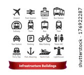 Infrastructure Buildings Icon Set. Road and Water City Transportation Stations and Parking Signs. For Use With Maps and Internet Services Interfaces.