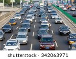 Small photo of Beijing, China - on September 20, 2015: the urban road traffic jams during the rush hour due to the rising number of vehicles in Beijing, Beijing traffic congestion is more and more serious.