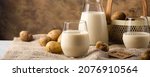 Small photo of Banner with potato milk alternative non dairy drink in glass on sackcloth. Healthy vegetarian and vegan drink concept with copy space