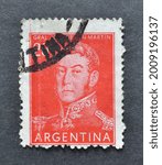 Small photo of ARGENTINA - CIRCA 1959 : Cancelled postage stamp printed by Argentina, that shows portrait of Jose de San Martin, circa 1959.