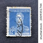 Small photo of ARGENTINA - CIRCA 1959 : Cancelled postage stamp printed by Argentina, that shows portrait of Jose de San Martin, circa 1959.