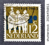 Small photo of Netherlands - circa 1963 : Cancelled postage stamp printed by Netherlands, that shows Triumvirate Van Hogendorp, Limburg Stirum and Duyn v Maasdam, circa 1963.
