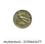 Small photo of Obverse of 20 Centesimi coin made by Italy in 1914, that shows Floating woman "Libertine", dressed in a nightgown with flaming torch watching to the right above crowned escut