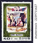 Small photo of North Korea - circa 1980 : Cancelled postage stamp printed by North Korea, that shows Secondo Campini and Sir Frank Whittle, Aviation Pioneers, circa 1980.