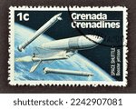 Small photo of Grenada - circa 1978 : cancelled postage stamp printed by Grenada, that shows Space shuttle booster jettison, circa 1978.